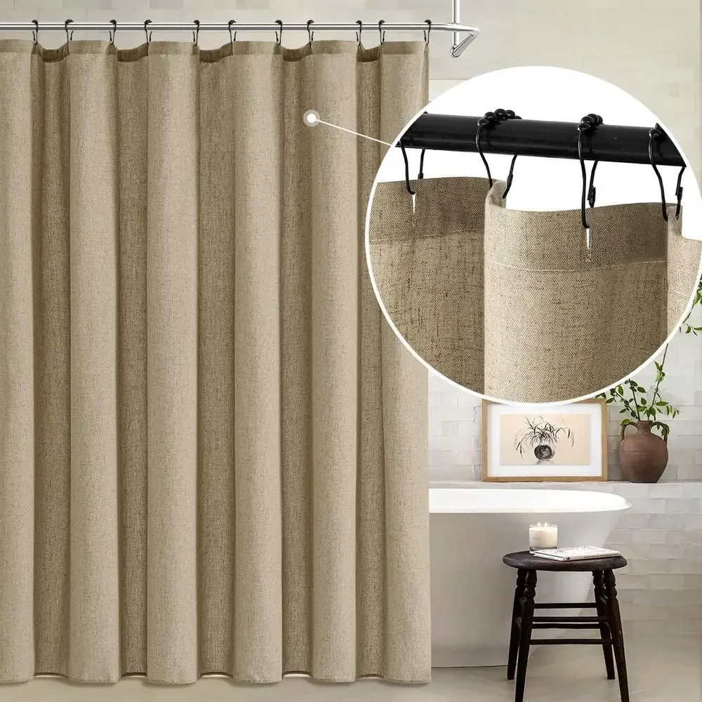 Extra Long Linen Shower Curtain 84 Inch Long with 12 Metal Hooks Washable Khaki